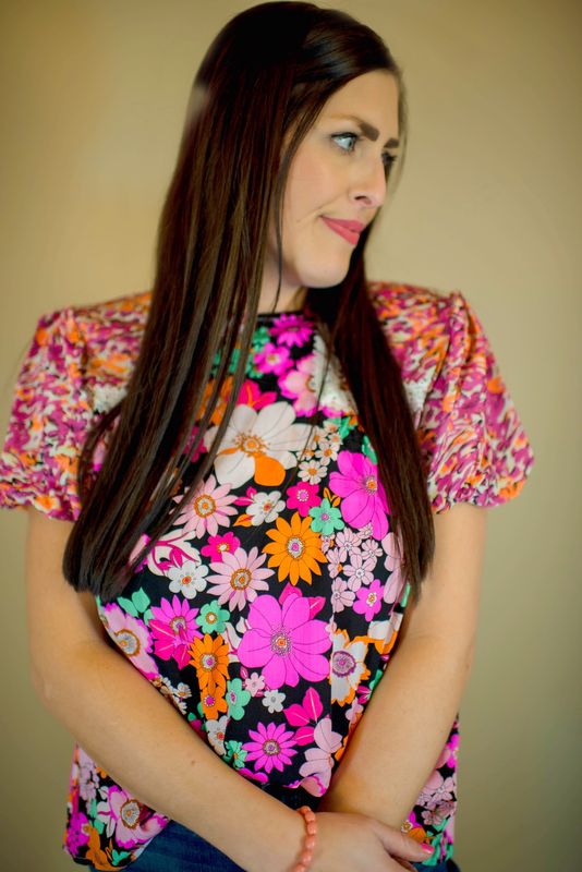 Rose Red Bubble Sleeve Lace Trim Floral Mixed Print Blouse