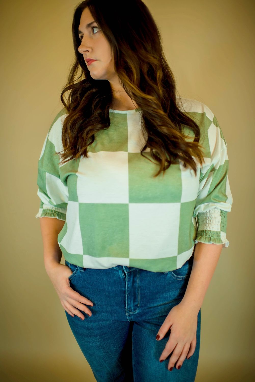 Grass Green Mix Checkered Print Shirred Cuffs Blouse