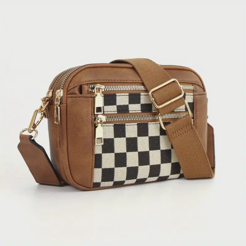 Stylish Brown Checkered Shoulder Bag with Adjustable Strap