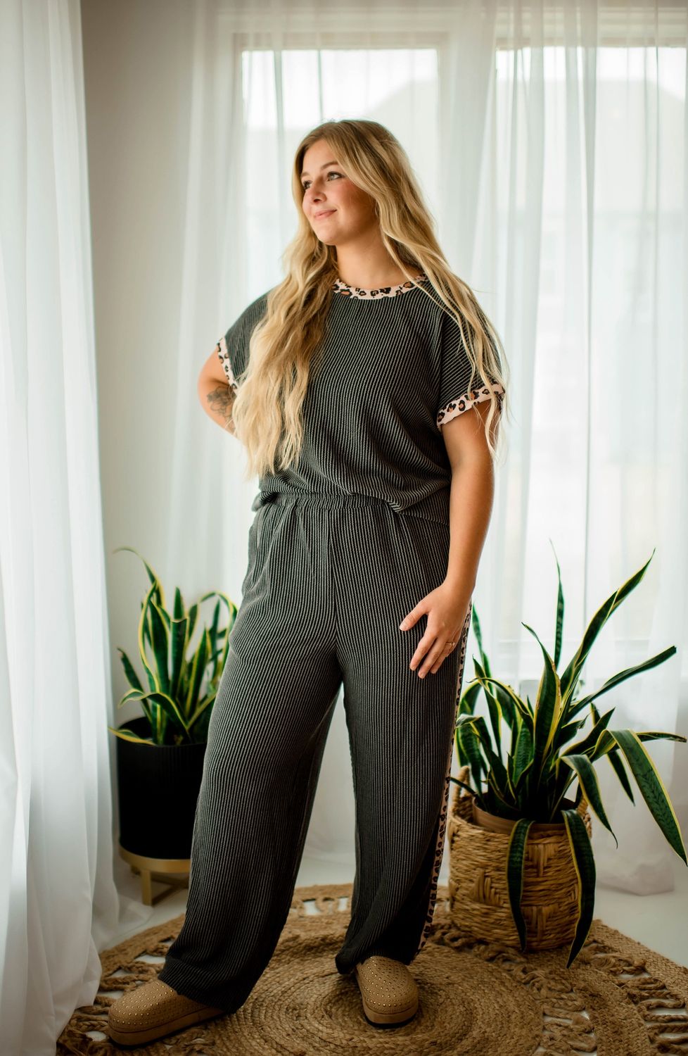 Grey Leopard Ribbed Set, Shirt/Pants