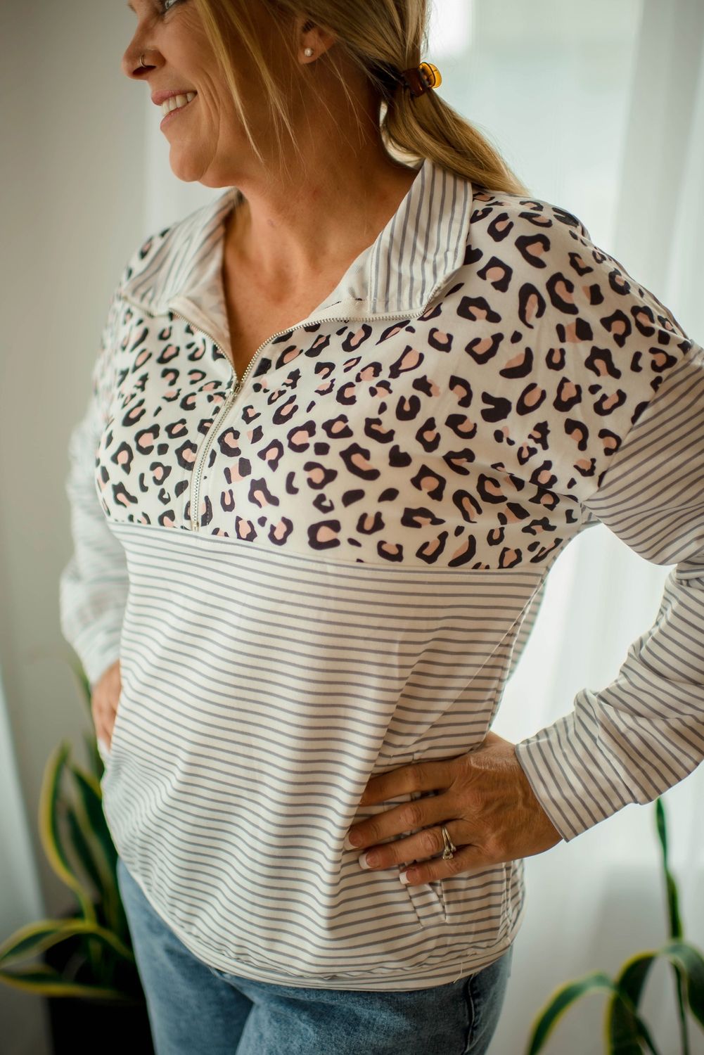 Leopard Striped 1/4 Zip Pullover