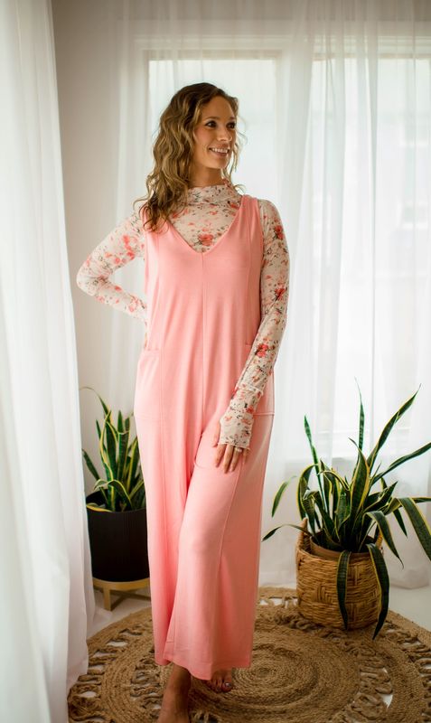French Terry Deep Vneck Jumpsuit- Dk Pink