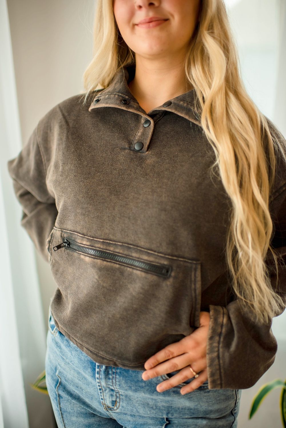 Acid Wash Fleece Half Snap Pullover