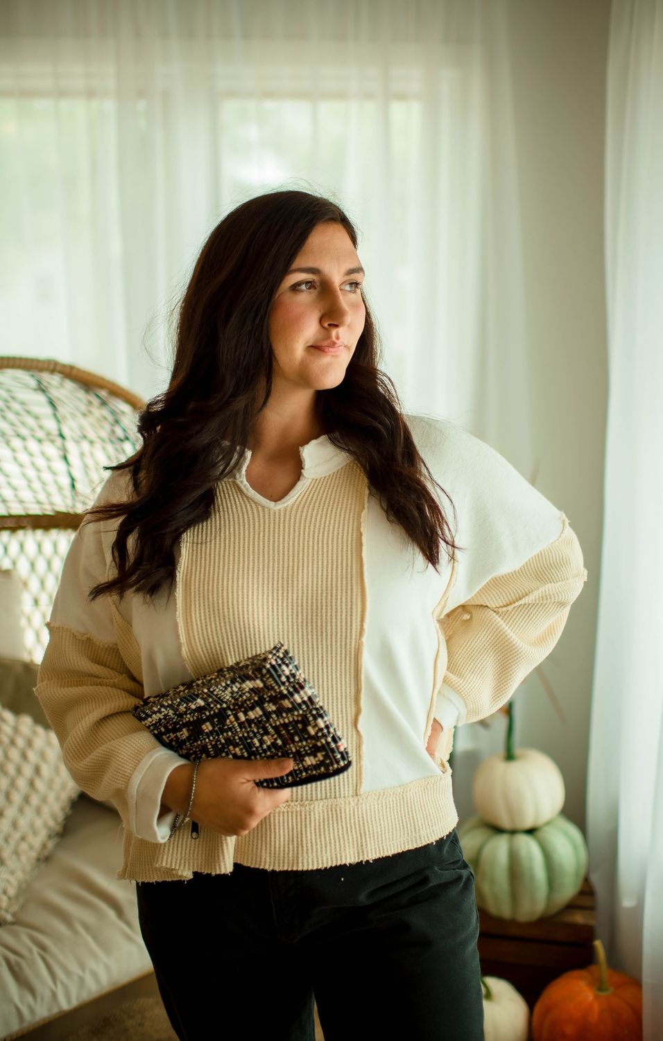 POL Tan/White Waffle Knit Top