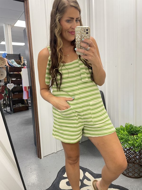 Striped Casual Knit Romper Green