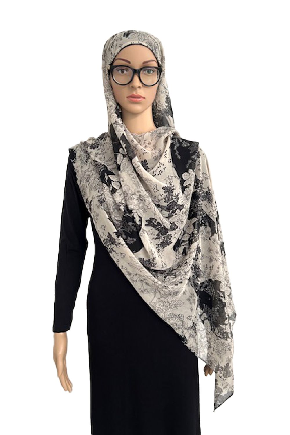 Lichtgewicht chiffon hijab met geïntegreerde pure bamboe onderkap – antislip en brilvriendelijk (zwart op beige) Lichtgewicht chiffon hijab met geïntegreerde pure bamboe onderkap – antislip en brilvriendelijk (zwart op beige)