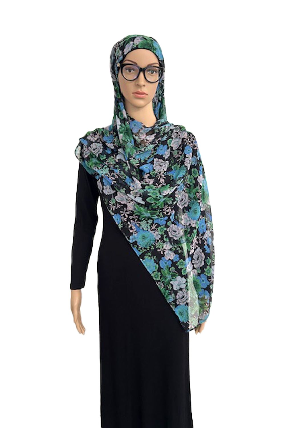 Lichtgewicht chiffon hijab met geïntegreerde pure bamboe onderkap – antislip en brilvriendelijk (bloemen op zwart)
