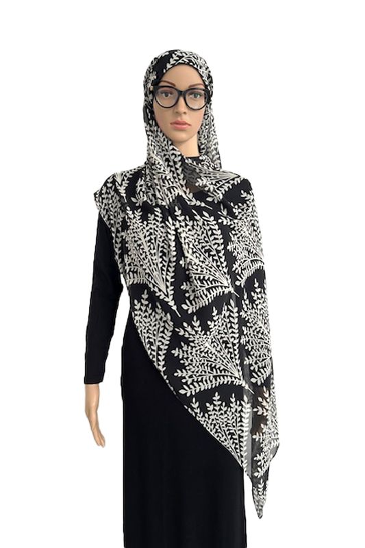 Lightweight Chiffon Hijab with Integrated Pure Bamboo Undercap – Non-Slip and Glasses-Friendly White on black Lightweight Chiffon Hijab with Integrated Pure Bamboo Undercap – Non-Slip and Glasses-Friendly White on black