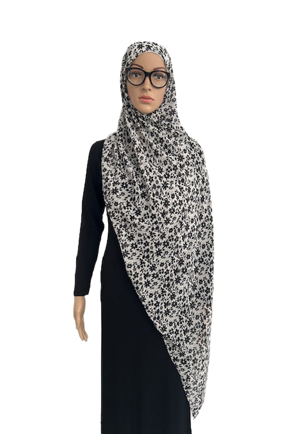 Lichtgewicht chiffon hijab met geïntegreerde pure bamboe onderkap – antislip en brilvriendelijk (zwart op wit) Lichtgewicht chiffon hijab met geïntegreerde pure bamboe onderkap – antislip en brilvriendelijk (zwart op wit)
