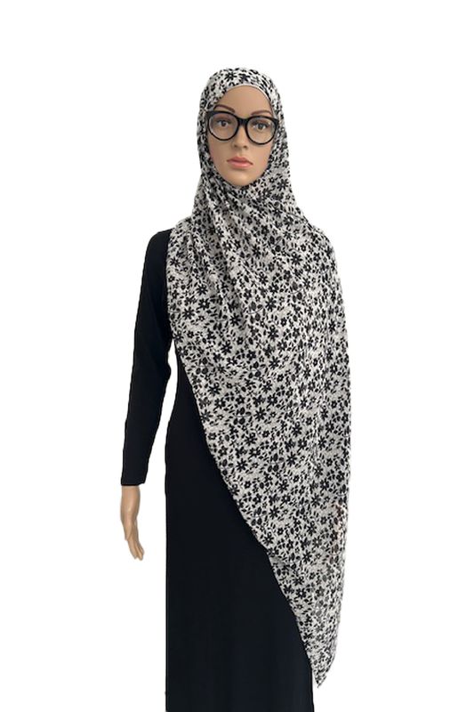 Lightweight Chiffon Hijab with Integrated Pure Bamboo Undercap – Non-Slip and Glasses-Friendly Black on white