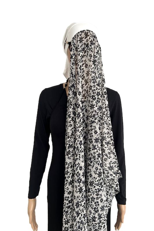 Lichtgewicht chiffon hijab met geïntegreerde pure bamboe onderkap – antislip en brilvriendelijk (zwart op wit)