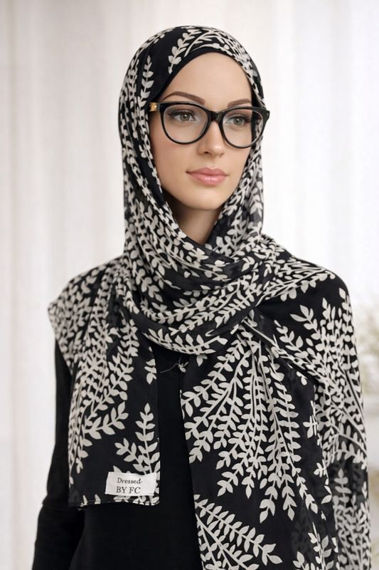 Lichtgewicht chiffon hijab met geïntegreerde pure bamboe onderkap – antislip en brilvriendelijk (wit op zwart)