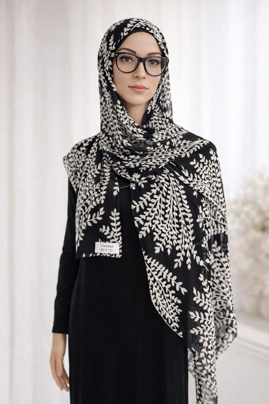 Lichtgewicht chiffon hijab met geïntegreerde pure bamboe onderkap – antislip en brilvriendelijk (wit op zwart)