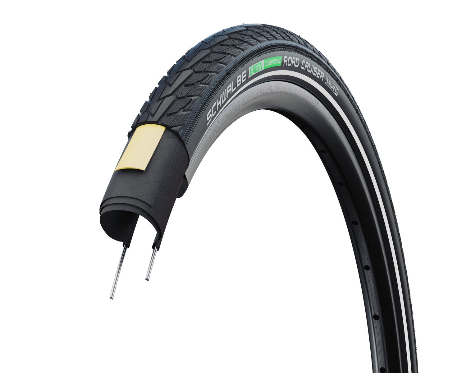 Schwalbe Road Cruiser Tire 29 x 1.75 (47-622(700c X 45)), Black w/Reflective Strip, Green Compound, K-Guard, Wire