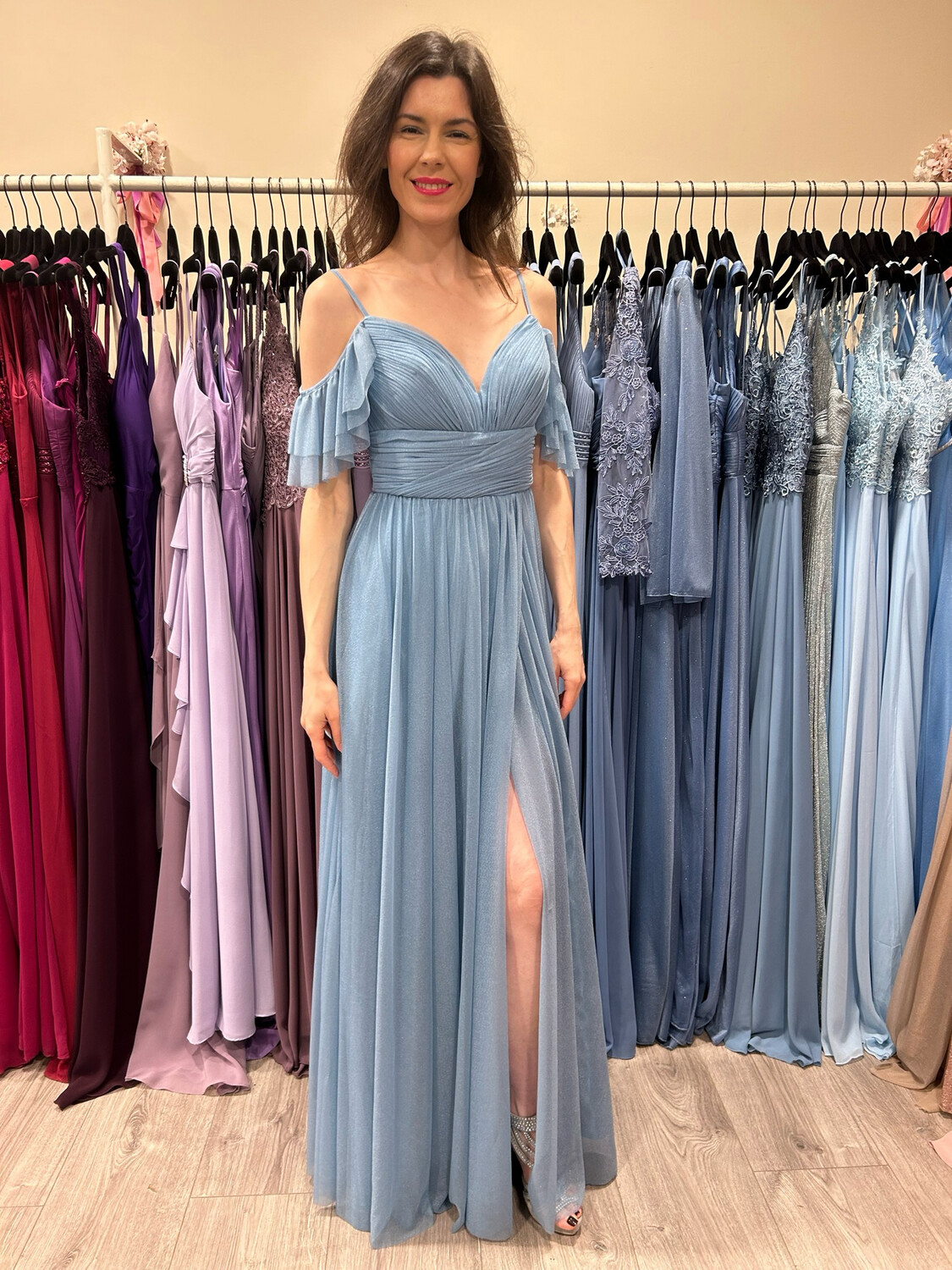 Collezione cerimonia abito con manica voulant azzurro