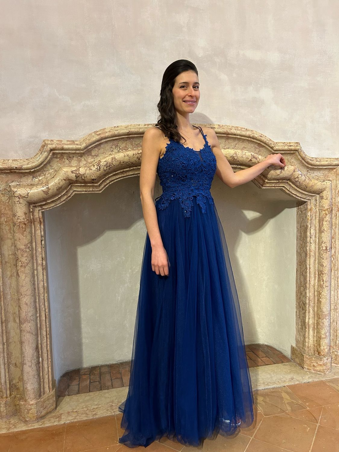 Collezione cerimonia abito pizzo e tulle bluette