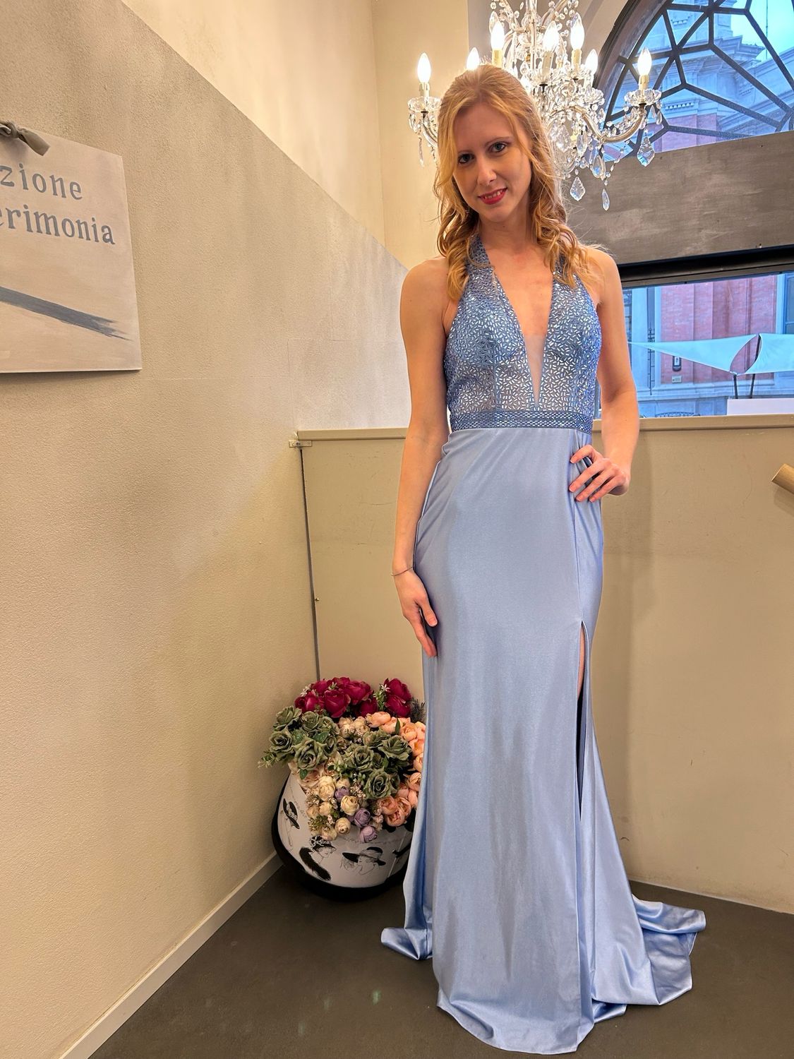 Collezione Cerimonia abito sirena americana in raso azzurro