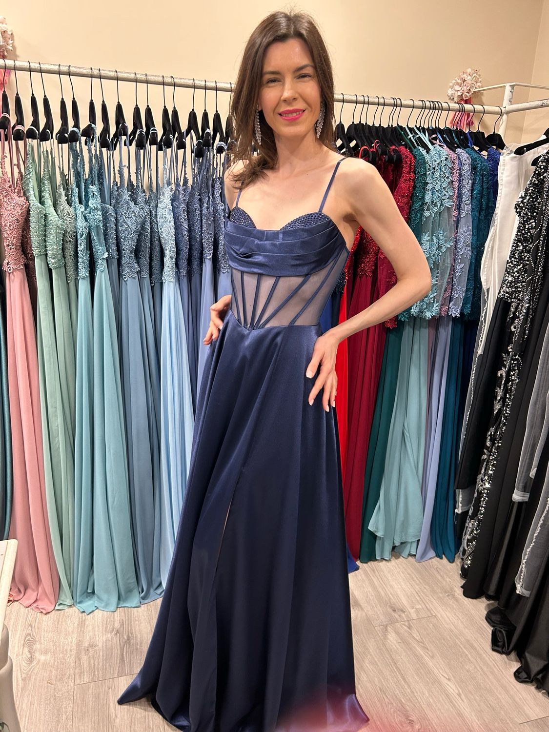 Collezione cerimonia abito raso corsetto blu