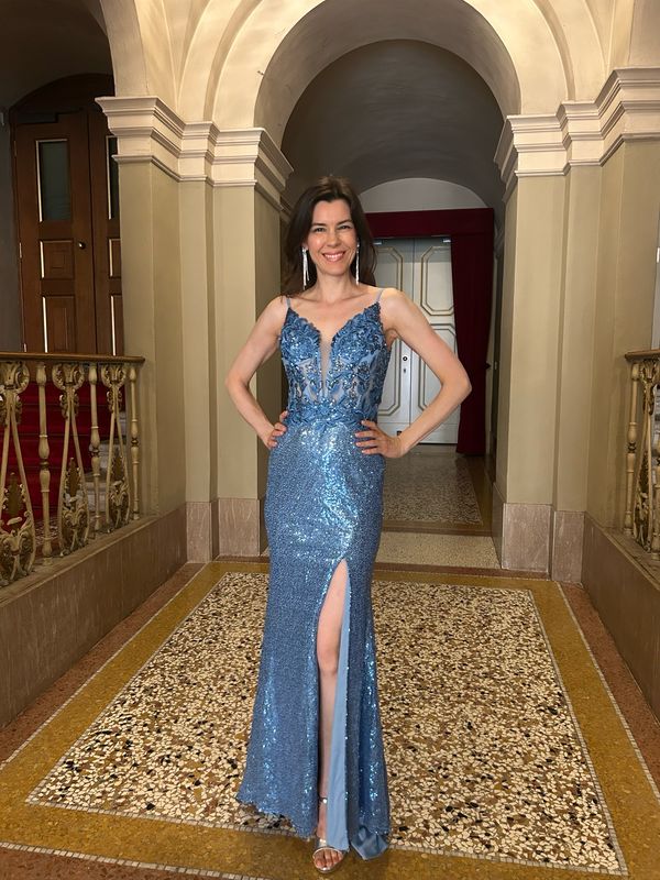 Collezione cerimonia abito paillettes azzurro