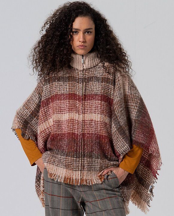 Surkana poncho a quadri con cerniera zip bordeaux
