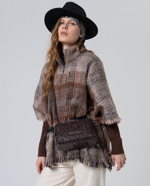Surkana poncho a quadri con chiusura zip cioccolato