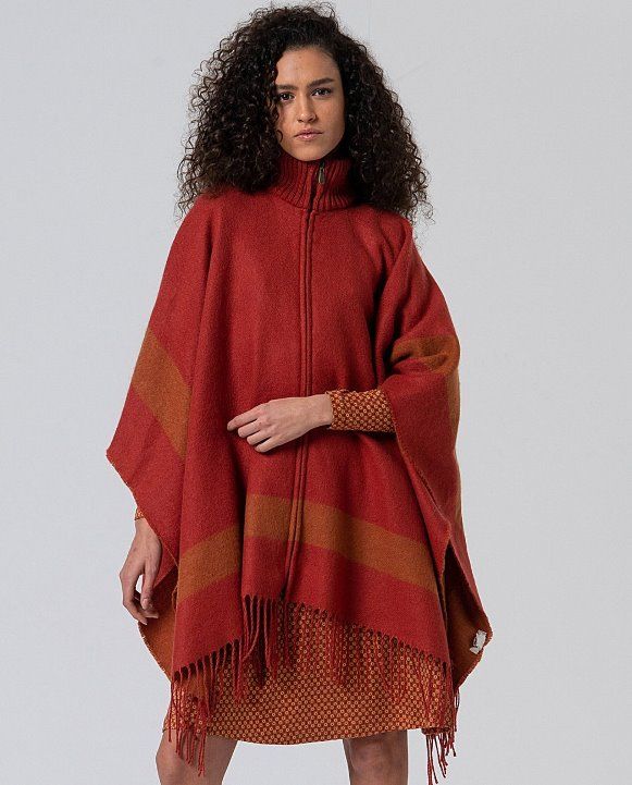 Surkana poncho con frange e chiusura a zip mattone