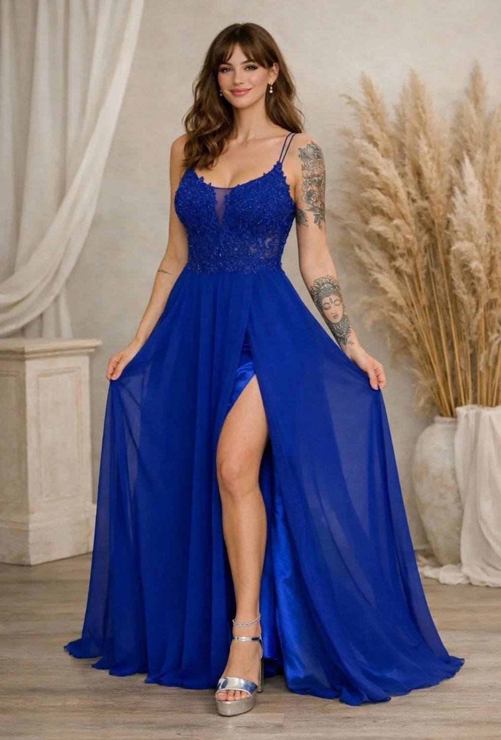 Collezione cerimonia abito pizzo e intreccio bluette