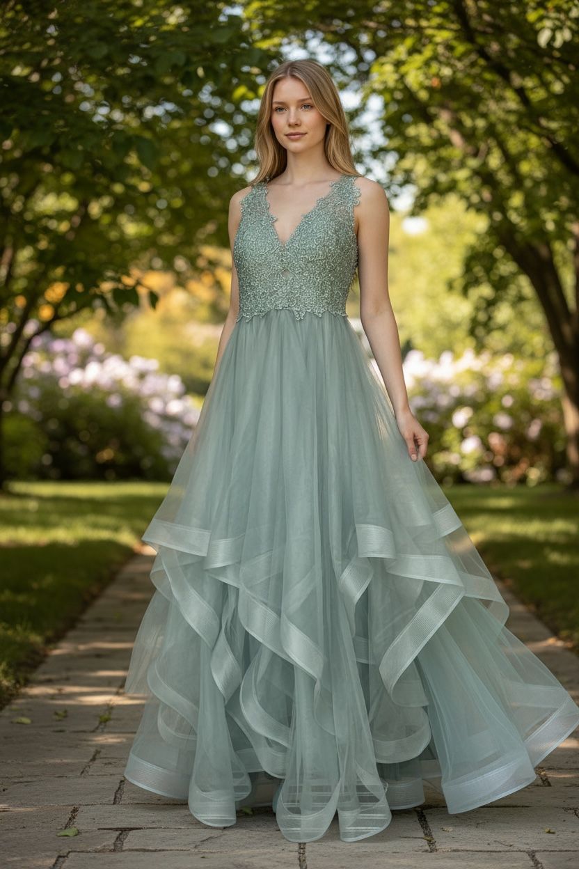 Collezione cerimonia abito gonna a balze verde