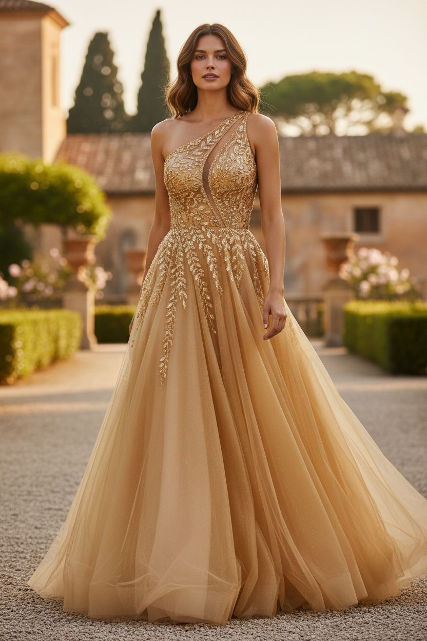 collezione cerimonia abito monospalla tulle oro