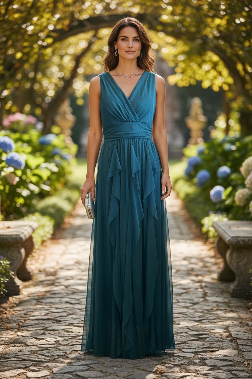 Collezione unica abito Flora con gonna a balze petrolio