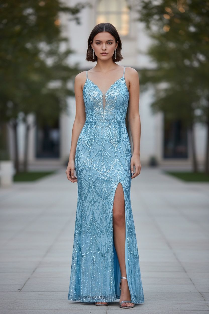 Collezione cerimonia abito paillettes azzurro