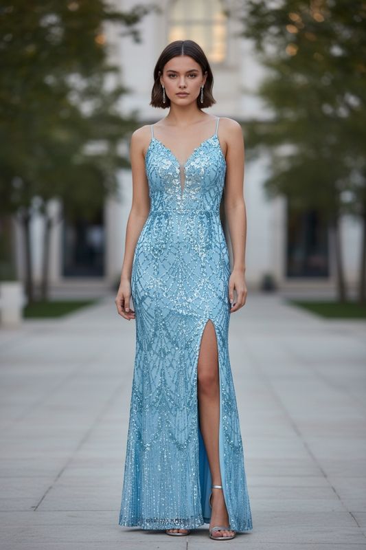 Collezione cerimonia abito paillettes azzurro