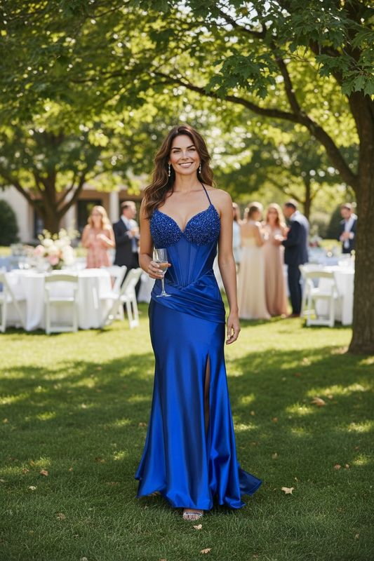Collezione cerimonia abito a sirena in raso blu
