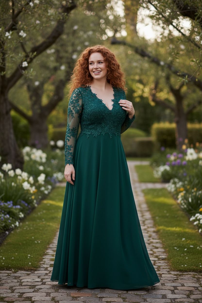 Collezione cerimonia Curvy abito manica verde bosco
