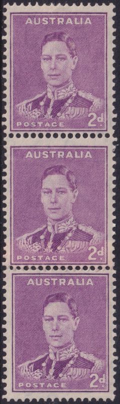 Australia 1938 2d Purple coil strip of 3 with coil join