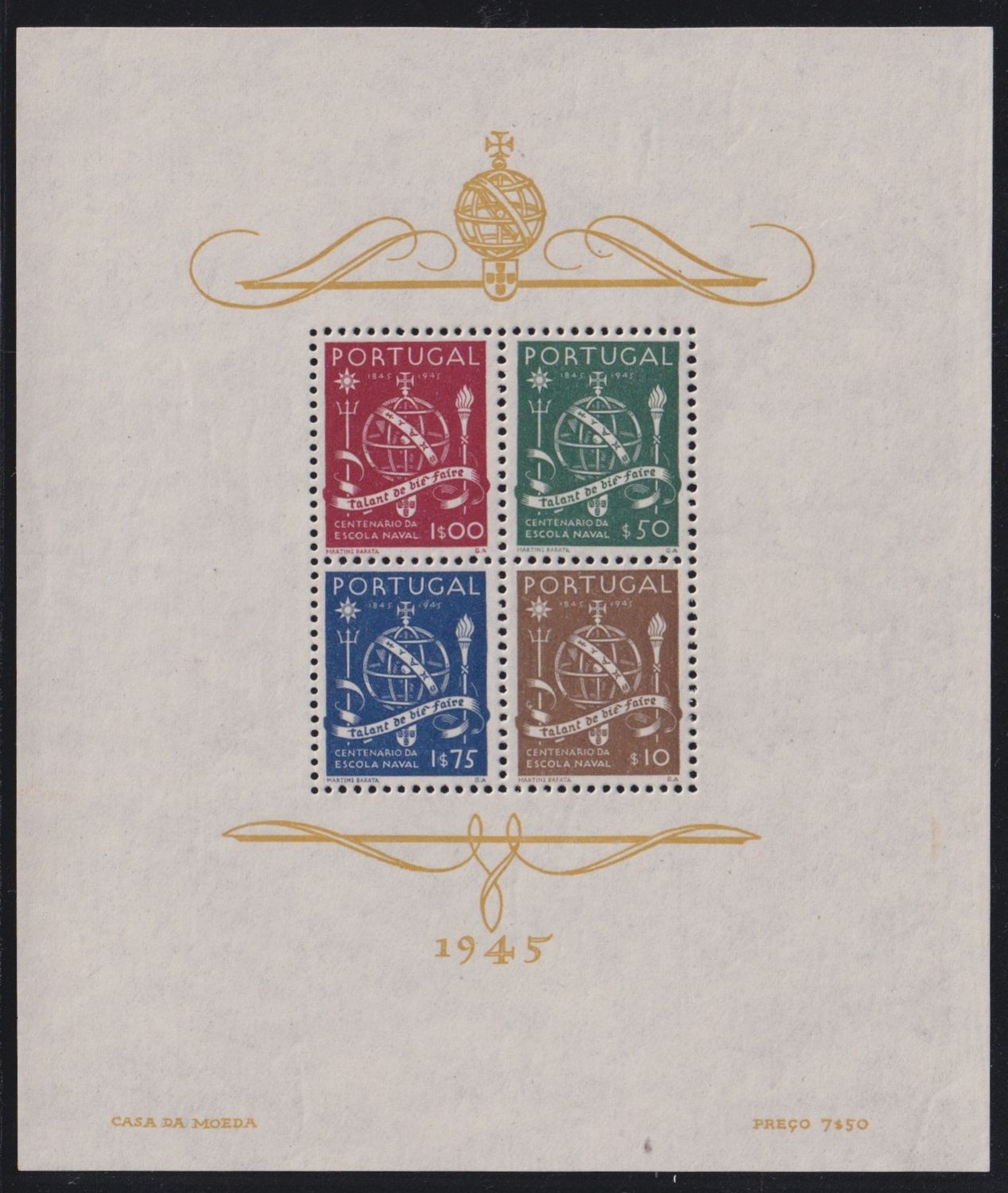 Portugal 1945 Naval School Centenary Miniature Sheet