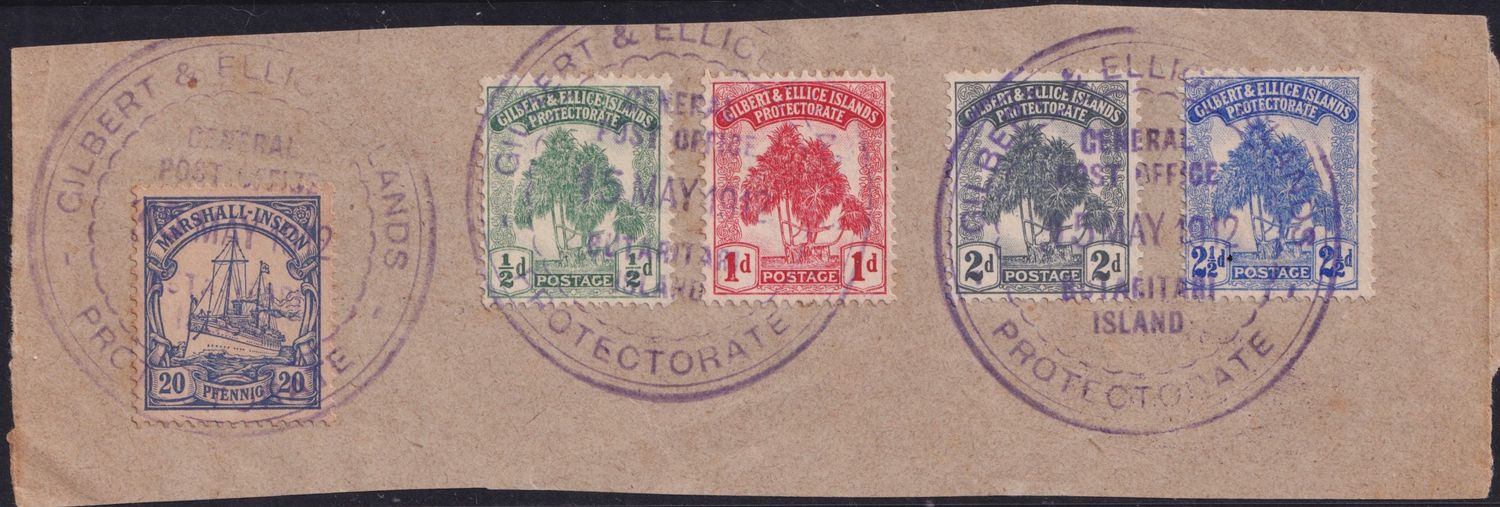 Gilbert &amp; Ellice Islands 1911 Pandanus Pine Set on Piece with 25pf Marshall Islands Yacht