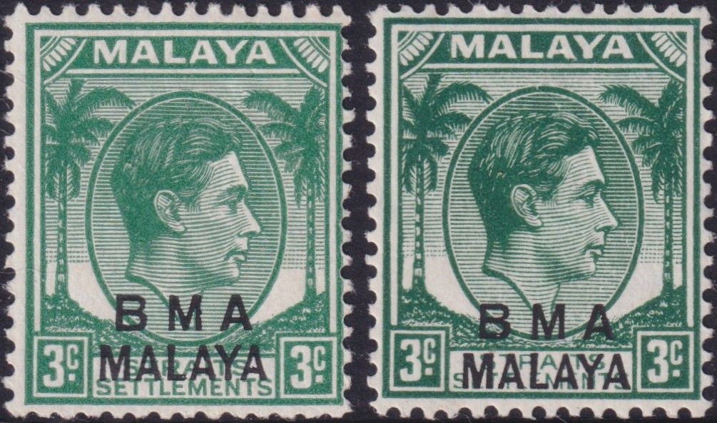 BMA Malaya 1945-47 3c Yellow-Green &amp; Blue-Green