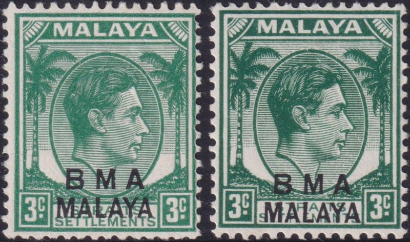 BMA Malaya 1945-47 3c Yellow-Green &amp; Blue-Green