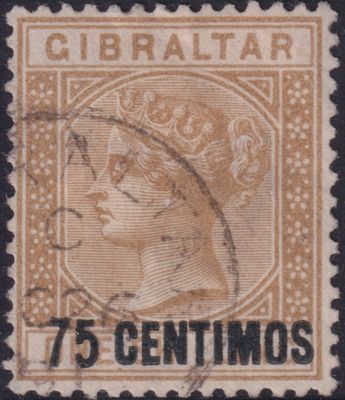 Gibraltar 1889 75c on 1/- Bistre
