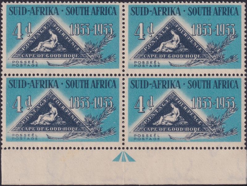 South Africa 1953 4d Stamp Centenary Block with Broken Knee