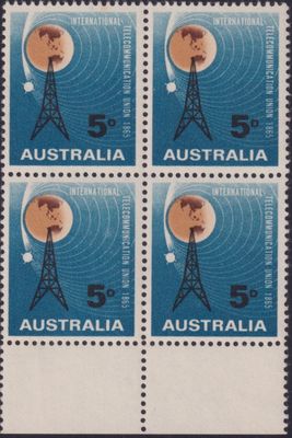 Australia 1965 5d ITU Marginal Block of 4 with &quot;Sputnik Retouched&quot;  Variety