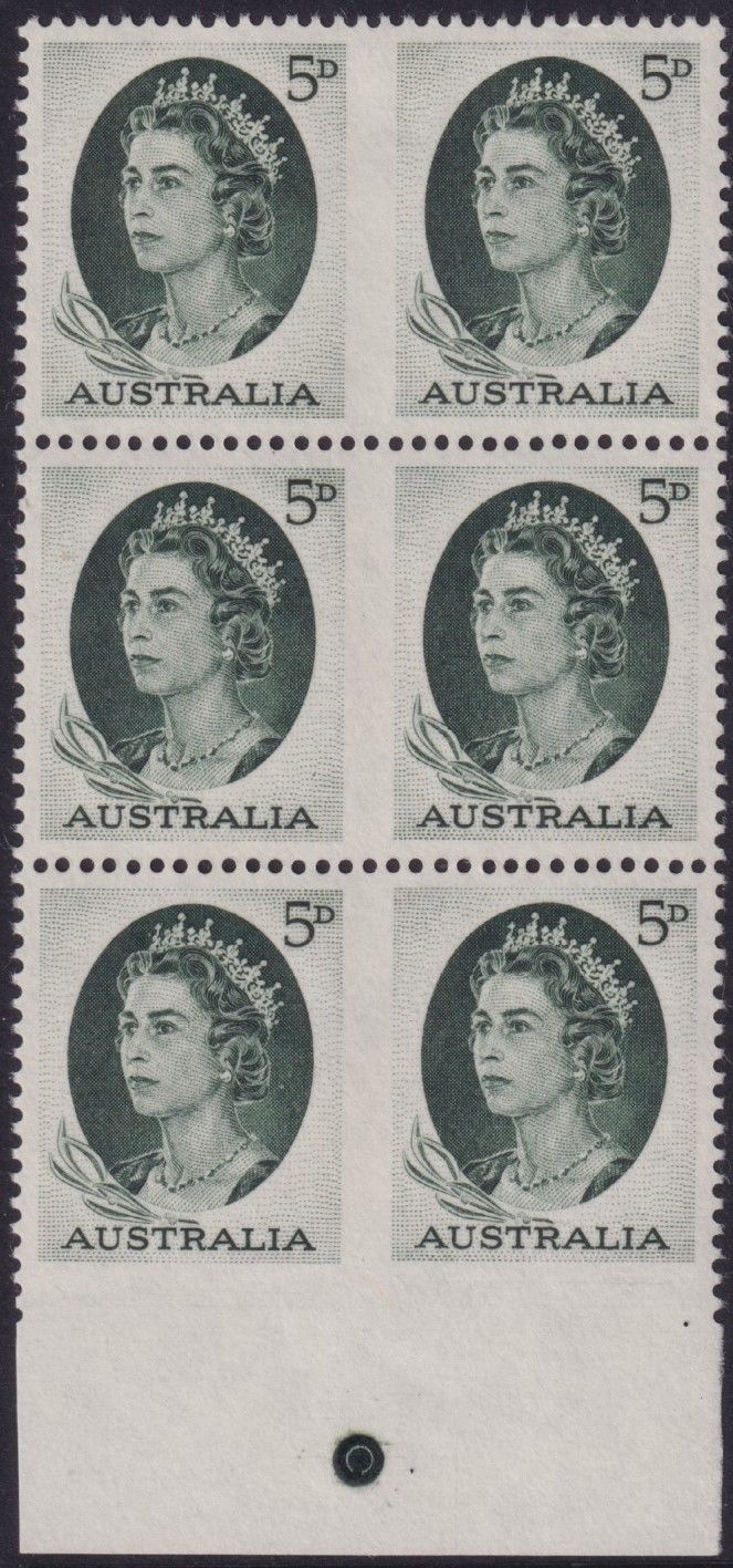 Australia 1964 5d QEII Imperf Between Perf Pip Block of Six