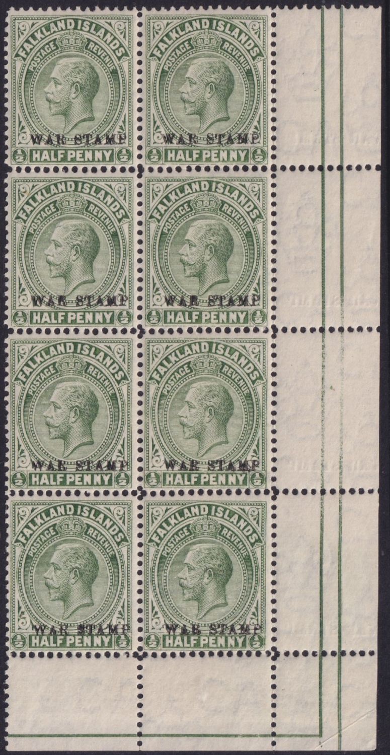 Falkland Islands 1918 ½d Green War Tax Block of Eight with Reversed Albino Overprint in Margin