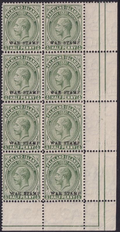 Falkland Islands 1918 ½d Green War Tax Block of Eight with Reversed Albino Overprint in Margin
