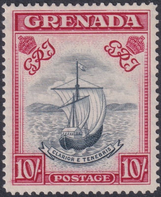 Grenada 1943 10/- Blue-Black &amp; Carmine p14 Narrow Setting
