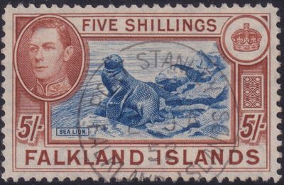Falkland Islands 1950 5/- Steel-Blue &amp; Buff-Brown