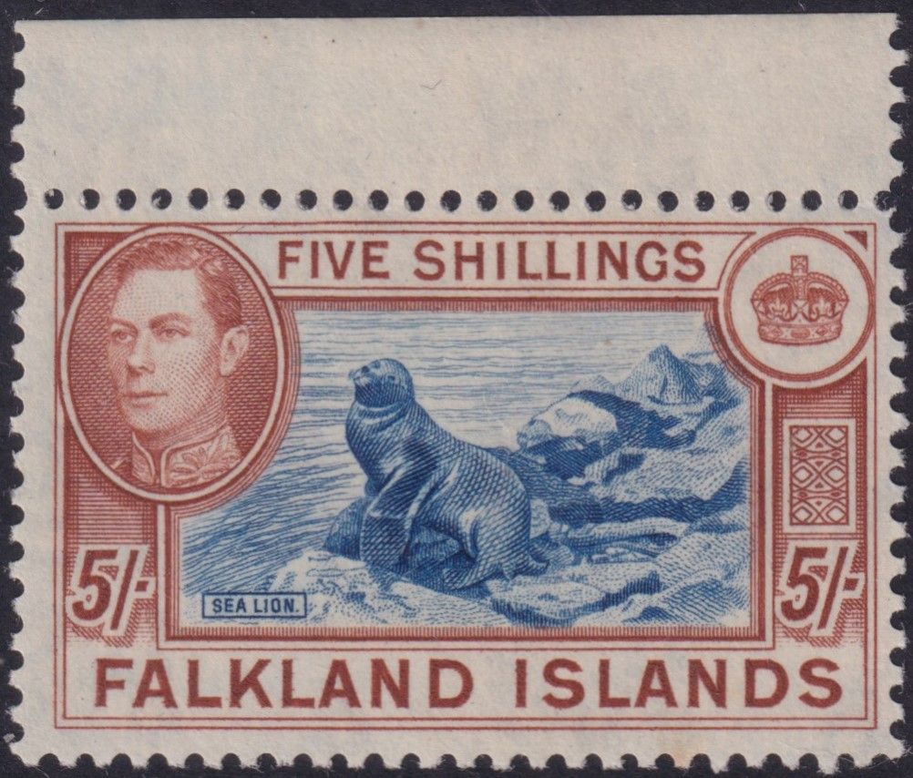 Falkland Islands 1944 5/- Indigo &amp; Pale Yellow-Brown