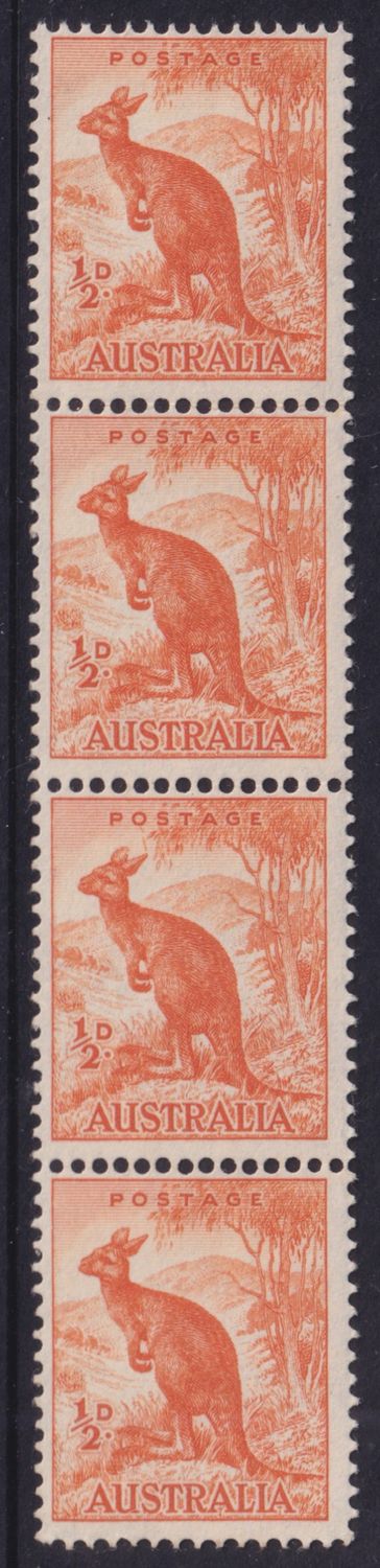 Australia 1950 ½d Kangaroo Coil Strip of 4 with Line to Roo&#39;s Ear