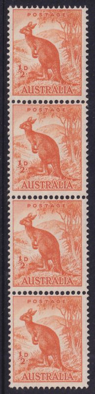 Australia 1950 ½d Kangaroo Coil Strip of 4 with Line to Roo&#39;s Ear